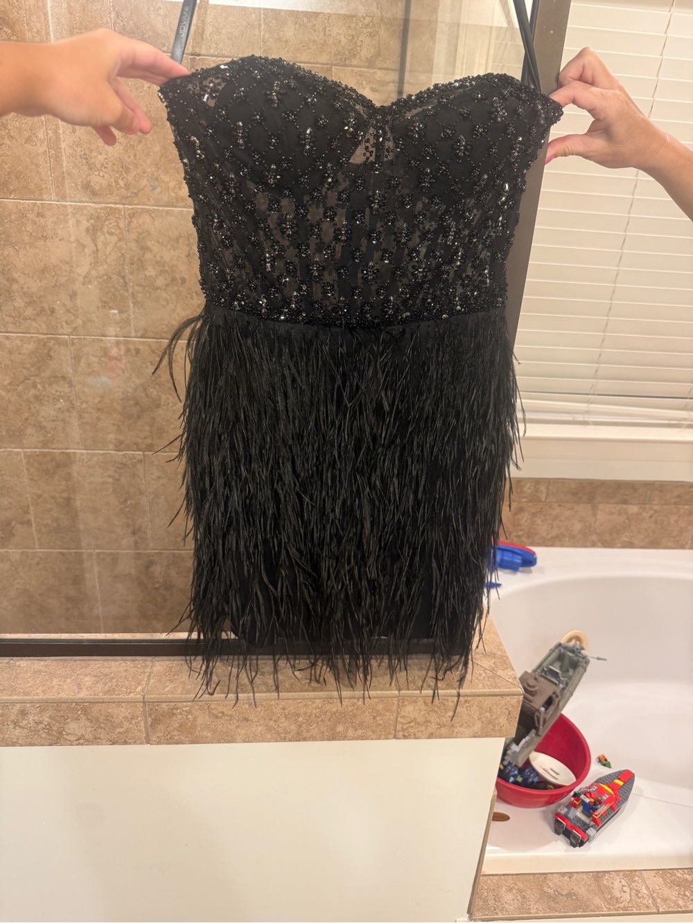 Jovani Black Beaded Feather Strapless Mini Dress